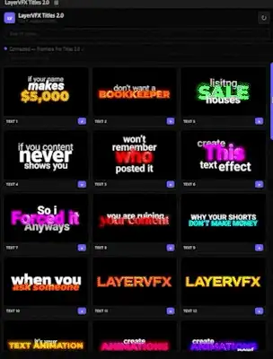 Premiere Pro Titles 2.0 panel — 3-column grid with preview thumbnails